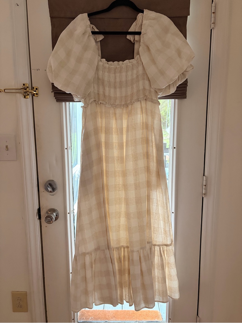Worth Collective- Women's Cream Check Puff-Sleeve Midi Dress
